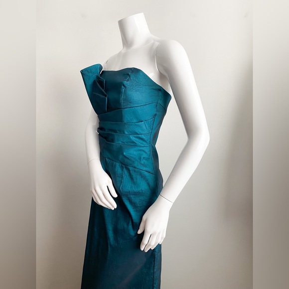 Jessica McClintock Teal Shantung Column Gown Maxi Dress Draped Ruched Wedding 8 - Picture 4 of 8